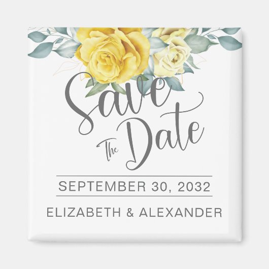 黄色のフローラの古典的な写真結婚式の日付mを保存 マグネット (正面)