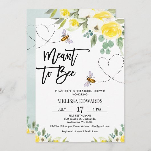 黄色のフローラはビーブライダルシャワー 招待状 (正面/裏面)