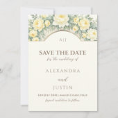 黄色のフローライタリアンアーチ結婚式の日付を保存 招待状 (正面)