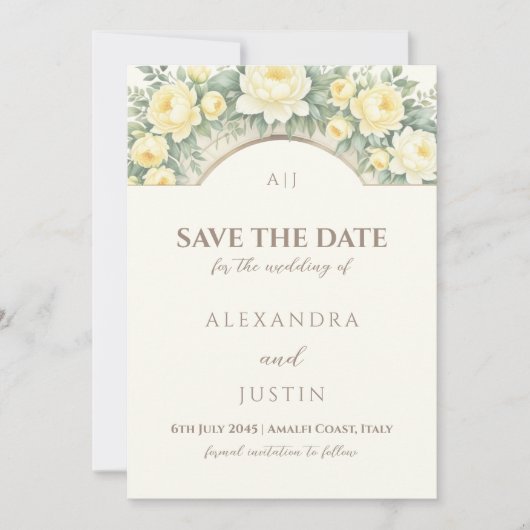 黄色のフローライタリアンアーチ結婚式の日付を保存 招待状 (正面)