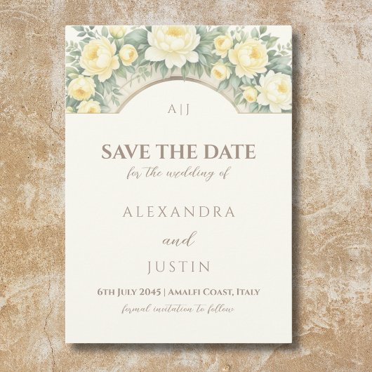 黄色のフローライタリアンアーチ結婚式の日付を保存 招待状