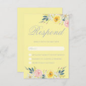 黄色のフローラウェディングRSVPカード 出欠カード (正面/裏面)