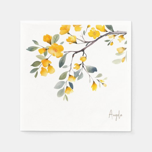 黄色のフローラカスタムスクリプト金ゴールド文字シャワー スタンダードカクテルナプキン (正面)