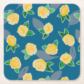 黄色のフローラバラオン青 スクエアペーパーコースター (正面)