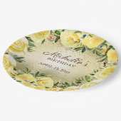 黄色のフローラバラ金ゴールドグリッター誕生日名 ペーパープレート (アングル)