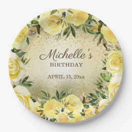 黄色のフローラバラ金ゴールドグリッター誕生日名 ペーパープレート