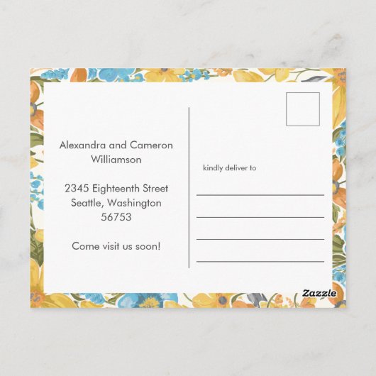 黄色のフローラ引っ越しました新しいホームのお知らせ ポストカード (裏面)