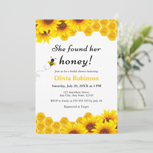黄色のフローラ彼女は彼女のハニーブライダルシャワーを見つけた 招待状 (スタンド正面)
