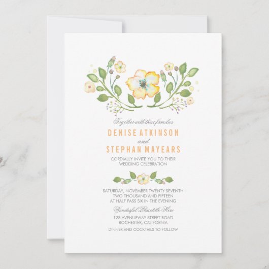 黄色のフローラ水カラー結婚式招待状 招待状 (正面)