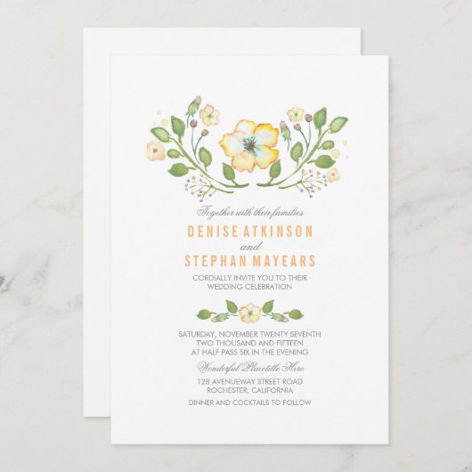 黄色のフローラ水カラー結婚式招待状 招待状 (正面/裏面)