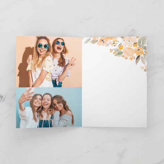 黄色のフローラ水色2枚の写真の誕生日 カード (内部)