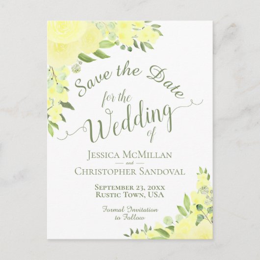 黄色のフローラ結婚式の日付の書道を保存 案内ポストカード (正面)