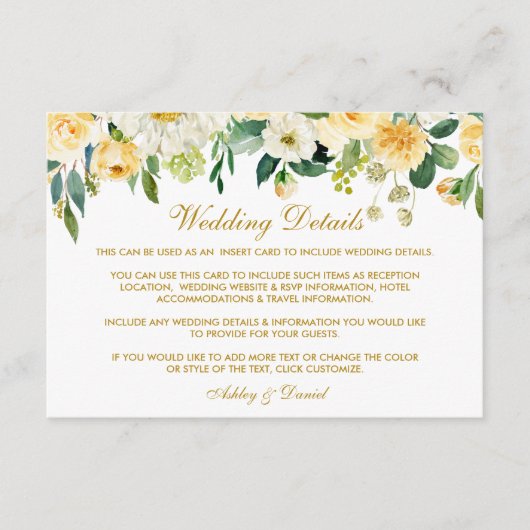 黄色のフローラ結婚金ゴールドの詳細挿入カード エンクロージャーカード (正面)