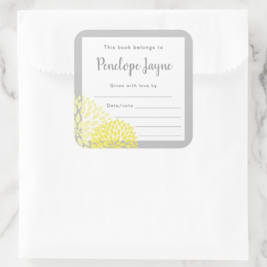 黄色のフローラ蔵書票、本の赤ちゃんシャワーを持って来る スクエアシール (バッグ)