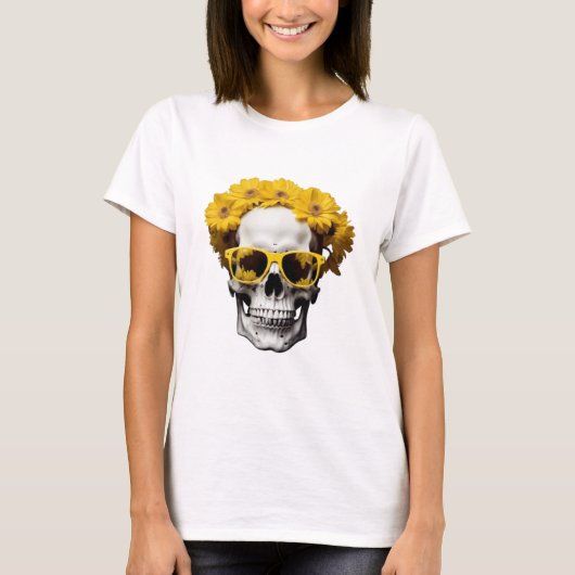 黄色のフローラ3Dスカル着用トレンディーサングラス Tシャツ (正面)
