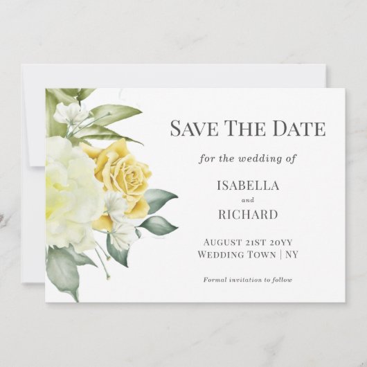 黄色のフローラ |ウェディング日付カードを保存 セーブザデート (正面)