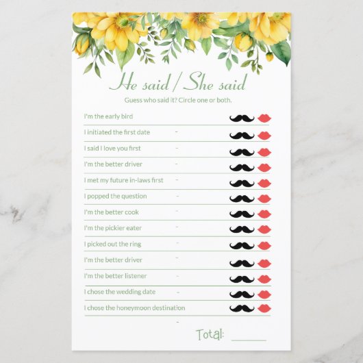 黄色のブライダルシャワーゲーム彼は彼女が言った (正面)