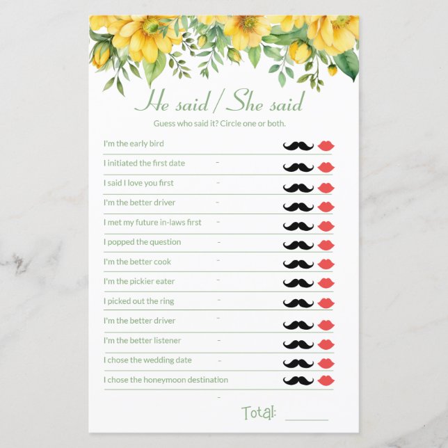 黄色のブライダルシャワーゲーム彼は彼女が言った (正面)