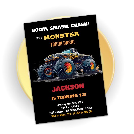 黄色のブラックモンスター トラックの誕生日招待状 招待状