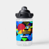 黄色のブルドーザカラフル、幾何形状、名前 ウォーターボトル (背面)