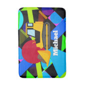 黄色のブルドーザカラフル、幾何形状、名前 バスマット (正面縦)