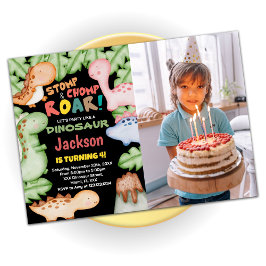 黄色のブルーブラック恐竜の誕生日と写真 招待状