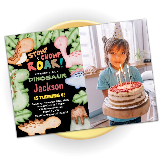 黄色のブルーブラック恐竜の誕生日と写真 招待状