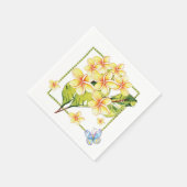 黄色のプルメリアと蝶の水色 スタンダードカクテルナプキン (角)