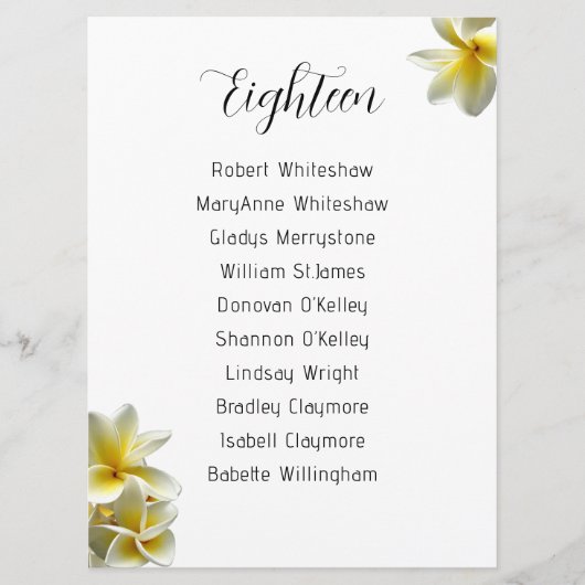 黄色のプルメリア結婚の座席番号リスト プログラム (正面)