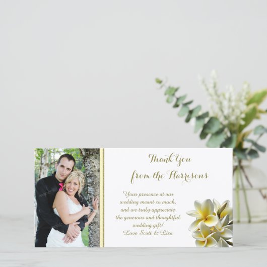 黄色のプルメリア結婚写真ありがとう サンキューカード (スタンド正面)