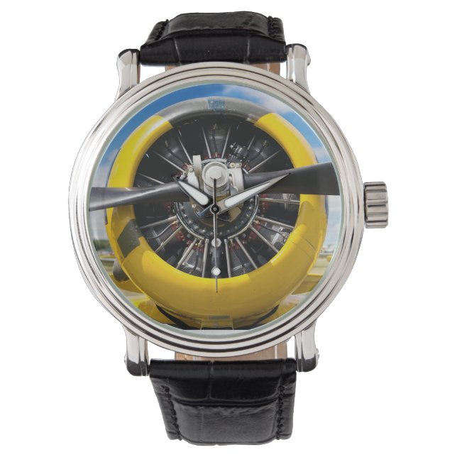 黄色のプロプ独身のタ飛行機プロペラクローズアップ 腕時計 (正面)