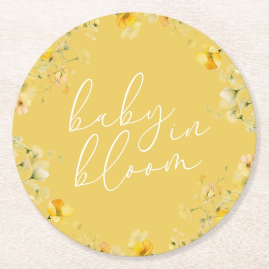 黄色のベビーの開花フローラ野生の花の赤ちゃんシャワー ラウンドペーパーコースター (正面)