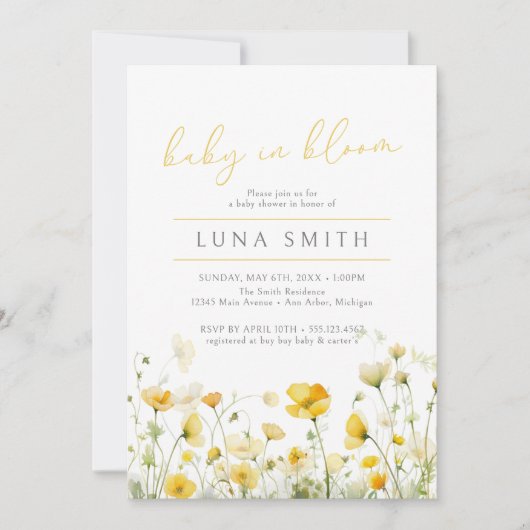 黄色のベビーの開花フローラ野生の花の赤ちゃんシャワー 招待状 (正面)