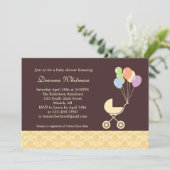 黄色のベビーカーと風船のベビーシャワー 招待状 (スタンド正面)