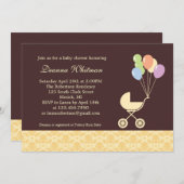 黄色のベビーカーと風船のベビーシャワー 招待状 (正面/裏面)