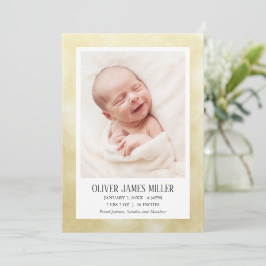 黄色のベビー誕生発表写真カード 案内状 (スタンド正面)