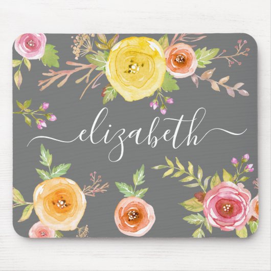 黄色のボホフローラ水色グレーのモノグラムスクリプト マウスパッド (正面)