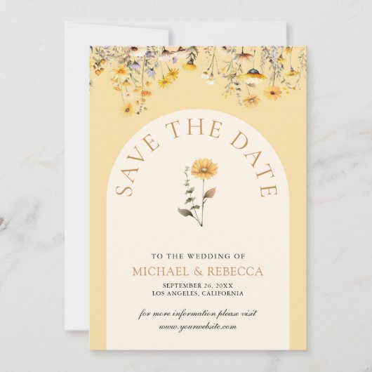 黄色のボホワイルドフラワー花結婚式の写真 セーブザデート (正面)