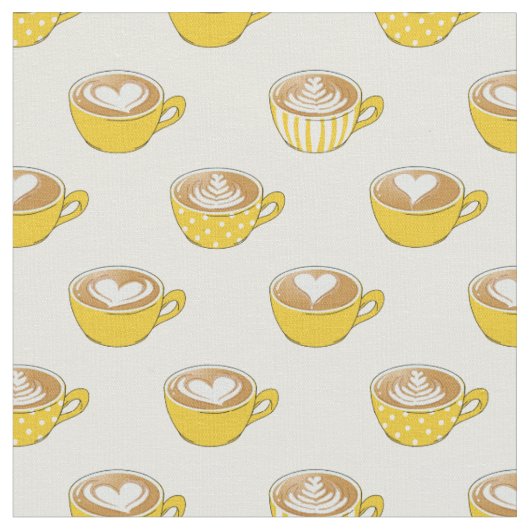黄色のマグカップにお茶の葉の模様とラテアート ファブリック (クローズアップ)