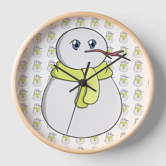 黄色のマフラーを巻いた雪だるま 壁時計 (正面)
