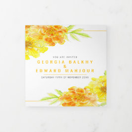 黄色のマリゴールドの水結婚色の花 三つ折り招待状