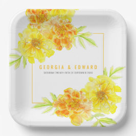 黄色のマリゴールドの水色結婚の花の広場 ペーパープレート