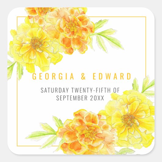 黄色のマリゴールドの水色結婚の花 スクエアシール (正面)