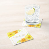 黄色のマリゴールドの水色結婚の花 スクエアペーパーコースター (インサイチュ)