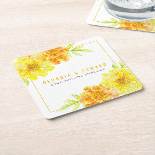 黄色のマリゴールドの水色結婚の花 スクエアペーパーコースター (アングル)