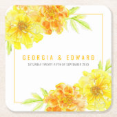 黄色のマリゴールドの水色結婚の花 スクエアペーパーコースター (正面)