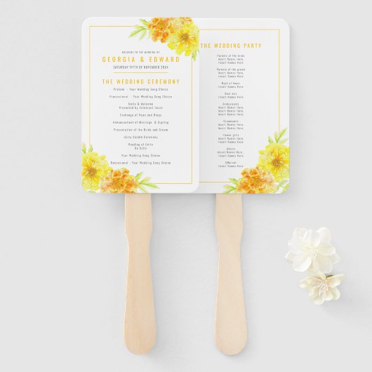 黄色のマリゴールドの花の水彩結婚式プログラム ハンドファン (正面&裏面)