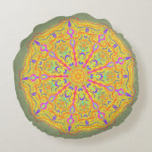 黄色のマンダラ（ピンクのジオメトリ） ラウンドクッション (裏面)