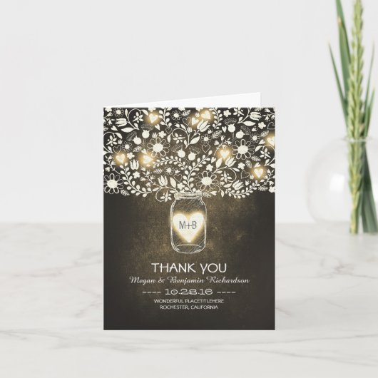 黄色のメイソンジャーと花のウェディング感謝カード サンキューカード (正面)