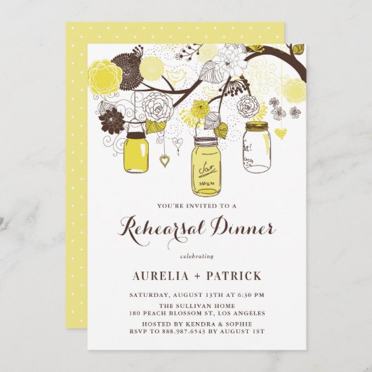 黄色のメイソンジャー彩色リハーサルディナー 招待状 (正面/裏面)